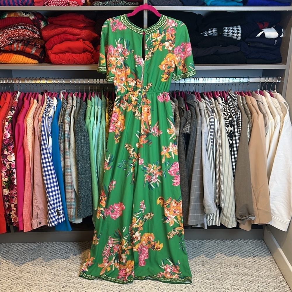 Flying Tomato green/orange/pink floral short sleeve back button jumpsuit size S - Picture 3 of 3